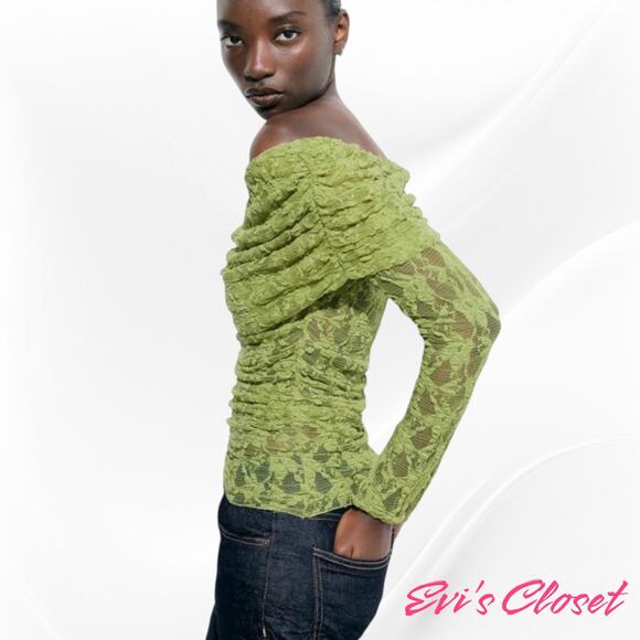 Zara Women's Off the Shoulder Sz L Pistachio Green Lace Sheer Top - Picture 1 of 10